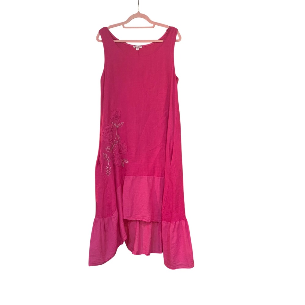 Hi-Low Dress Pink Sleeveless Linen Floral Appliqué Casual Lounge Oversized Small